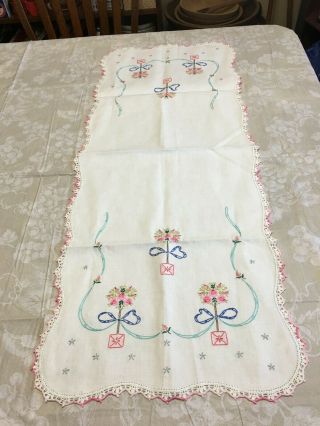 Vintage Linens Hand Embroidered Table Runner Dresser Scarf Flowers