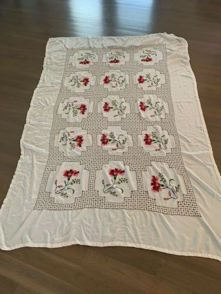 Gorgeous Soft Recatangular Vintage Hand Embroidered Table Cloth From Porugal