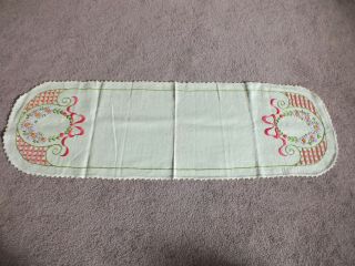 Hand Embroidered Dresser Scarf Crochet Trim Ecru Bold Pink Lime 34x11 "