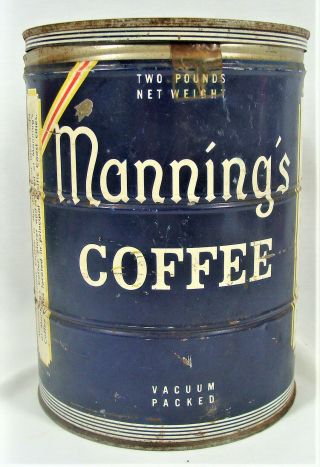 1938 Vintage 2 Lb Tin Mannings Coffee Can W/ Lid San Francisco Ca Pacific Coast