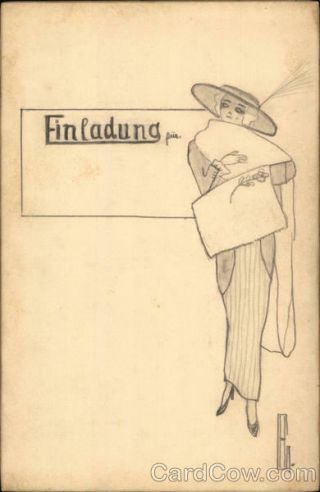 Hand Drawn Finladung - Elegant Woman Antique Postcard Vintage Post Card
