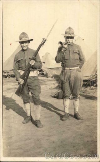 Wwi Rppc Soldiers With Bayonet & Bugle Azo Real Photo Post Card Vintage