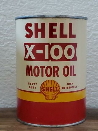 Vintage Shell X - 100 Motor Oil Can.  Metal Can.  1 Us Quart.  Sae 30w