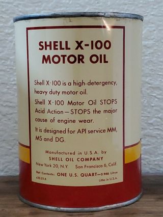 Vintage SHELL X - 100 Motor Oil Can.  Metal Can.  1 US Quart.  SAE 30W 2