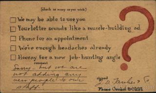 Hand Drawn 1939 Checklist Response To Employment Inquiry Postcard 1c Stamp