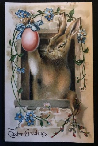 Cute Bunny Rabbit In Window With Egg Flowers Antique Easter Postcard - A979