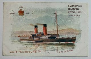 1906 Postcard Glasgow & Highland Royal Mail Steamer Rms Columbia David Macbrayne