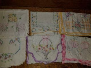 6 Vintage Hand Embroidered Cotton Table Runner Dresser Scarves Shabby Cottage D