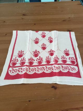 Vintage Kitchen Tea Guest Dish Towel,  Linen,  Printed Red Kitchen Cottage