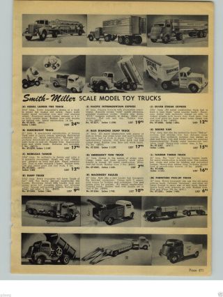 1954 Paper Ad Smith Miller Toy Trucks Mobilgas Tow Wrecker Bekins Moving Vandump