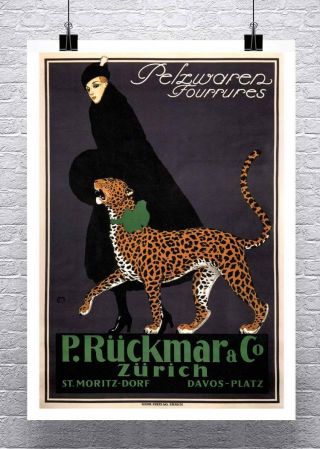 Woman Walking Cheetah Vintage Art Deco Advertising Poster Paper Giclee 24x32 In.
