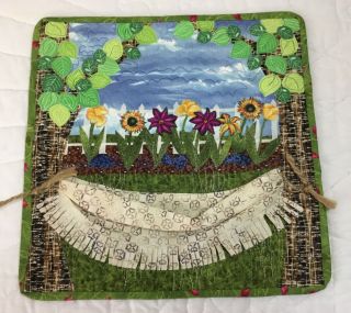 Appliqué Quilt Wall Hanging,  Small,  Flowers,  Leaves,  Hammock,  Hand Made