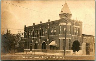 Girard Kansas Rppc Real Photo Postcard " First National Bank " Street View C1910s