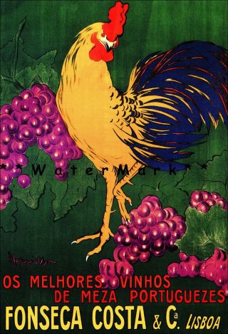 Lisbon Portugal Wine Rooster Fonseca Costa Vintage Poster Print Advertisement