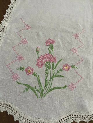 Vintage Linen Table Runner Dresser Scarf Pink Embroidered Flowers Crochet Edges