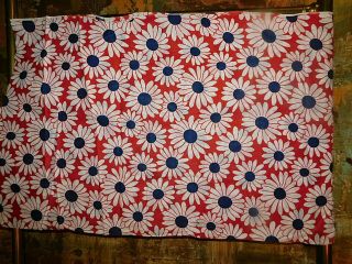 Vintage Mcm Retro Red Blue Fabric Light Weight Floral 86 " X 42