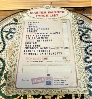 Vintage Framed Hask Scalp Treatment 1940’s Barber Shop Price List Sign