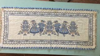 Vintage Table Runner Austrian Woven Folk Art Blue 13” X 30”