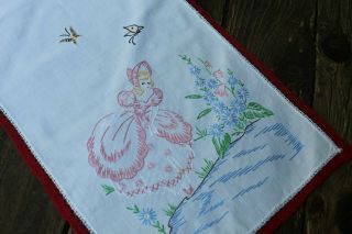 Vintage Hand Embroidered Southern Belle Dresser Scarf Table Runner Crochet Edges