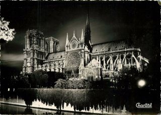 Paris Notre Dame Cathedral France Night View Rppc Postcard