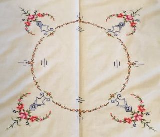 Vintage Tablecloth,  Cotton,  Flower,  Leaf & Scroll Cross Stitch Embroidery,  Beige