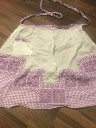 Vintage Half Apron Purple And White Gingham Check,  Purple X - Stitch Embroidery