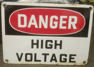 Vintage Porcelain " Danger High Voltage " Sign With Patina 7 " X 10 "