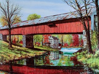 Red Covered Bridge Art Print Poster Fall In Mansfield Indiana Parke County