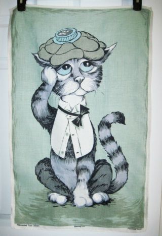Vintage Dunmoy Irish Linen Tea Towel Cat With Ice Bag Mid Century 19 " X 30 "