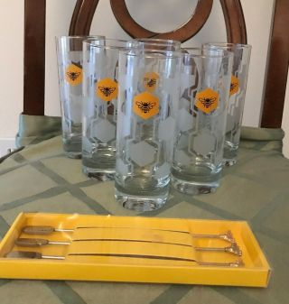 Set Of 6 Jack Daniels Tennessee Honey Whiskey Bee Highball Glasses & 3 Stirrers