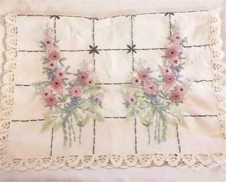 Vintage Embroidered French Knot Flowers Large Linen Dresser Runner Gorgeous