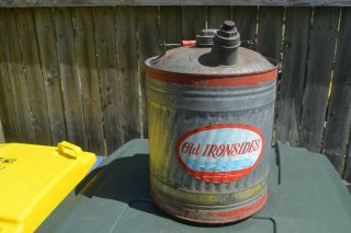 Vintage Old Ironsides 5 Gallon Galvanized Metal Gas Can