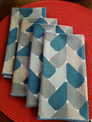 Vintage Mid Century Modern Fabric Napkins Mod Blue Gray Set 4