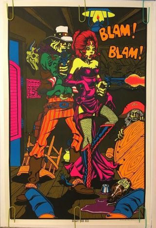 Vintage Blacklight Poster Billy The Kid 1970s Western Saloon Pin - Up 70s