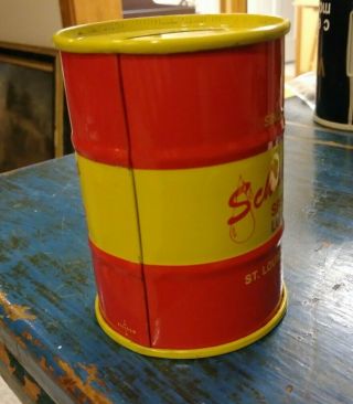 VINTAGE SCHAEFFER ' S SPECIALIZED LUBRICANTS ADV ' G OIL DRUM TIN LITHOGRAPH BANK. 2