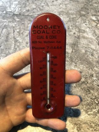 Vintage Mooney Coal Coke Thermometer Tin Metal Sign Mathews Avenue