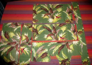 Vint 50 ' s Barkcloth Curtain Scraps for Crafts Quilting Exotic Flora Pink Birds 2