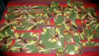 Vint 50 ' s Barkcloth Curtain Scraps for Crafts Quilting Exotic Flora Pink Birds 3