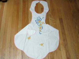 Vintage White Cotton Apron Full Bib Embroidered Daisies,  Blue Bow Cute