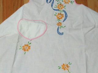 Vintage White Cotton Apron Full Bib Embroidered Daisies,  Blue Bow Cute 2