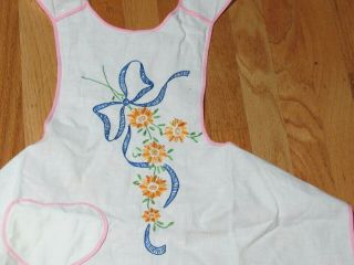 Vintage White Cotton Apron Full Bib Embroidered Daisies,  Blue Bow Cute 3
