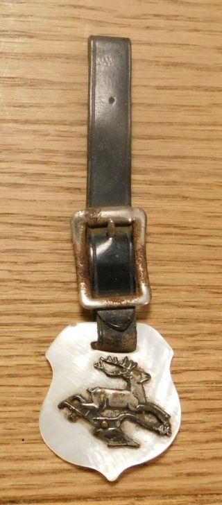 Vintage John Deere Watch Fob Mother Of Pearl Shell & Silver Deer Leather Strap