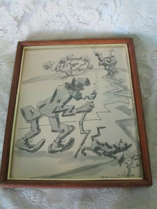 Aaron Sopher Drawing Framed Man In A Top Hat Pipe Cat & Mouse