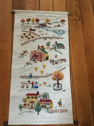 Vintage Embroidered Linen Fall Farm Scenes Banner Wall Hanging – 26 X 12.  25 Inch