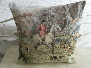 Vintage English Pillow Cover Tapestry " Hunting With The Hounds "