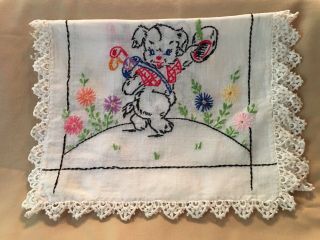 Vintage Embroidered Dresser Scarf,  Cute,  Dog With Golf Clubs,  11 1/2x36”