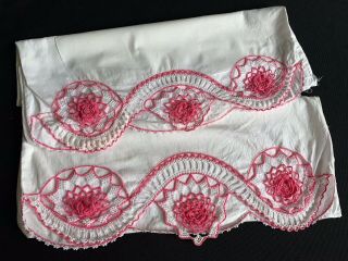 Vintage White Cotton Pillowcases With Hand Crochet Pink & White Flowers