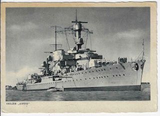 Wwii German Real Photo Postcard War Ship Kreuzer " Leipzig "