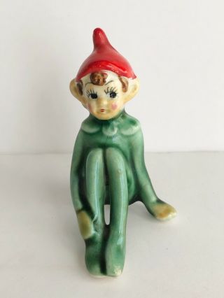 Vintage Ceramic Elf Pixie Gnome Figurine Sitting Christmas Knee Hugger 3”