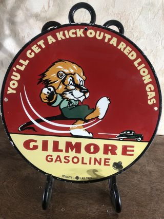 1935 Vintage  Gilmore Gasoline  Special Gas Pump Plate,  Porcelain 12 Inch.
